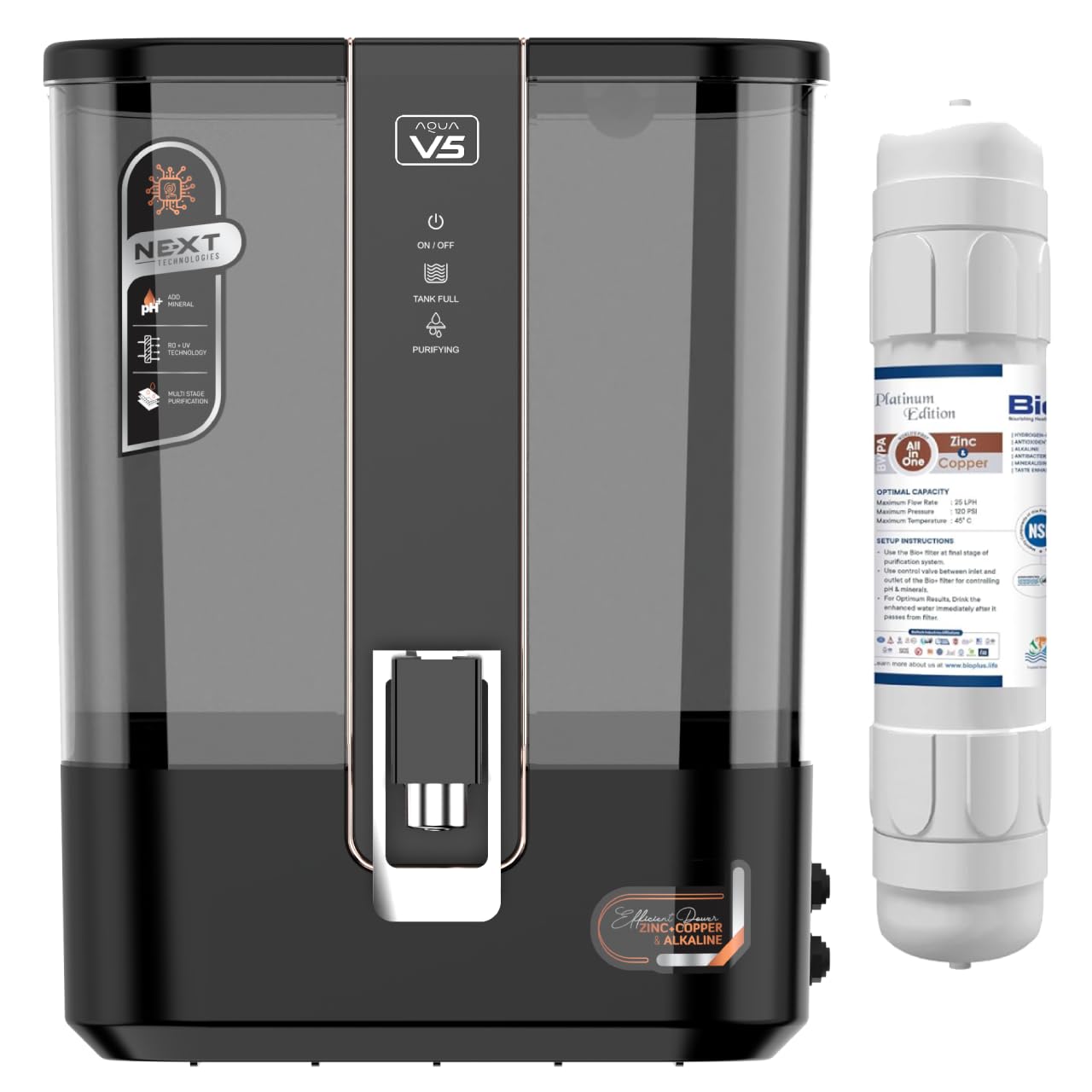 Noir Aqua V5 Water Purifier with BIO+ H2AAA (Copper,Alkaline & Zinc) 8 Stage, RO + UV + UF + TDS Control + Pre Filter, RO Water Purifier Filter, 2yr filters life, Fully Automatic, 9Ltr, Black