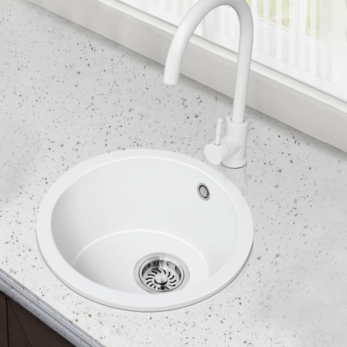 Amazon.co.jp: White Kitchen Sink Quartz Stone Round Sink Bar Counter ...