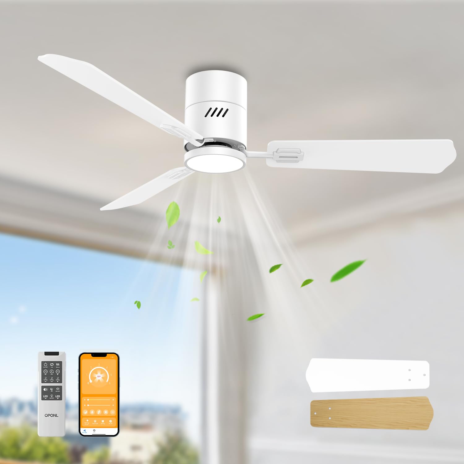 OPONL White Ceiling Fan with Light 52inch, Low Profile, Remote Control, Flush Mount, Noiseless, Reversible, 6CCT, Dimmable, 6 speeds, Timeable,