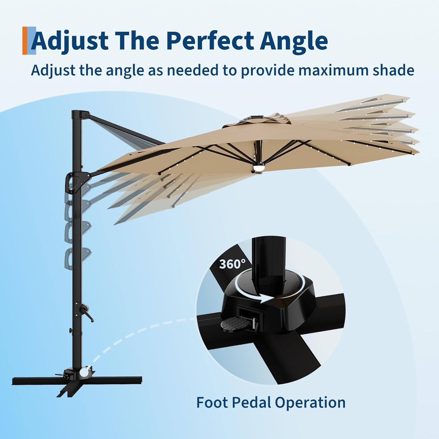 Garvee 10 ft Cantilever Patio Umbrella with Solar Lights, 360° Rotation Offset Umbrella, Easy Crank & Tilt Adjustment, UV Protection for Backyard, Poolside, Deck -Tan