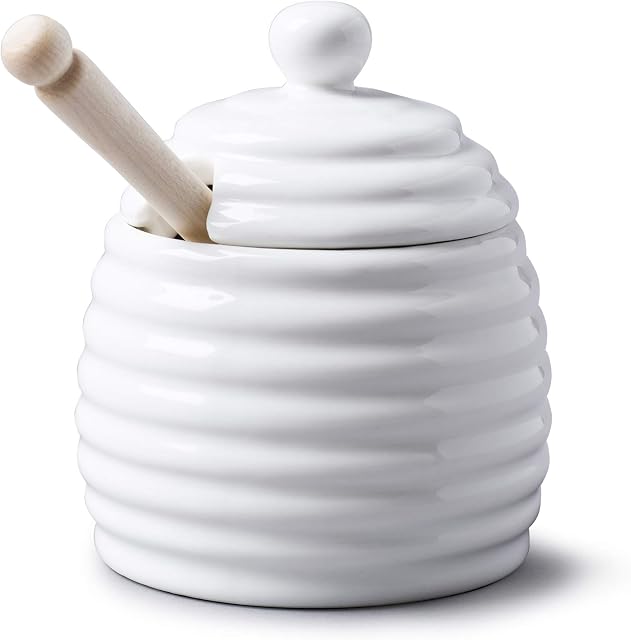 WM Bartleet & Sons 1750 T260 Traditional Porcelain Honey Pot with Beech Wood Dipper 11cm  White