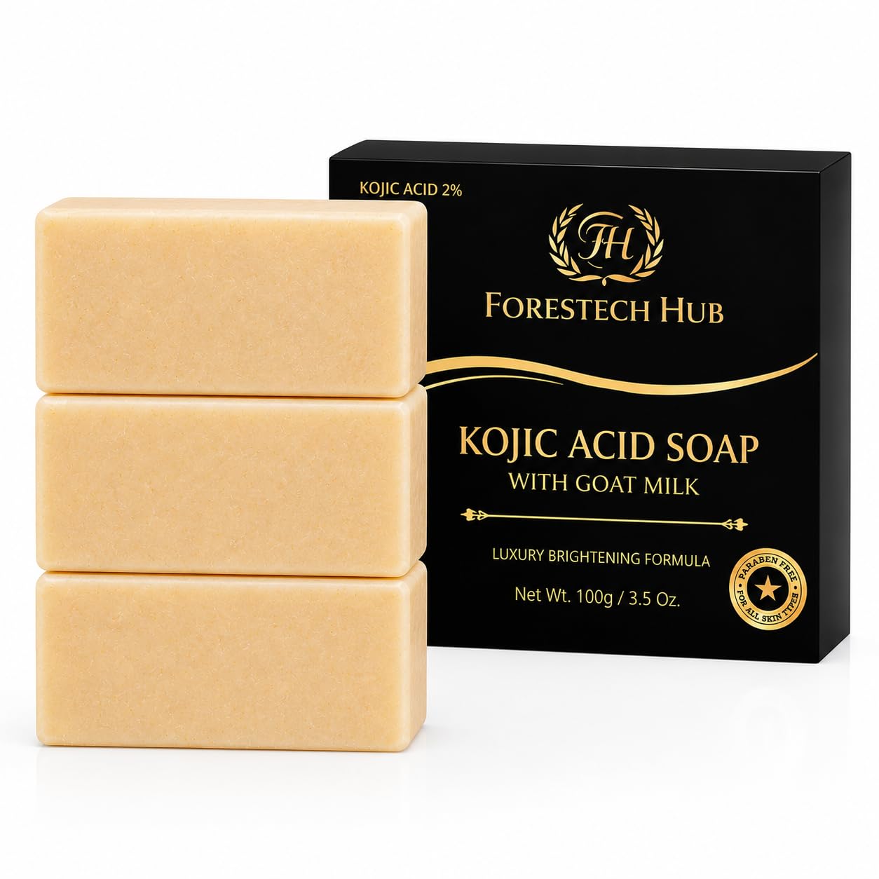 FORESTECH 2% Kojic Acid Soap with Goat Milk, 100g (Pack of 3) | Skin Brightening, Dark Spot Removal, Pigmentation Control, Tan Removal, Glutathione & Vitamin C