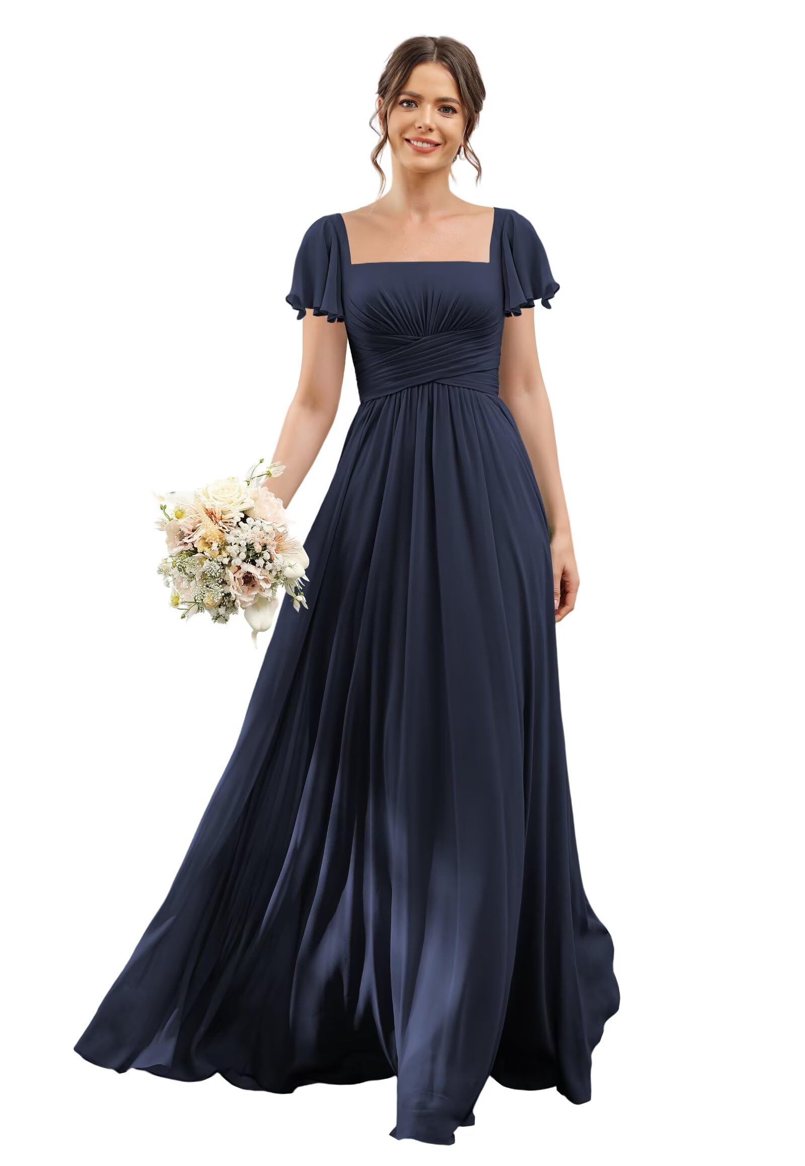 YMSHA Short Sleeves Chiffon Bridesmaid Dresses with Slit Long A Line Square Neck Formal Party Dress with Pockets