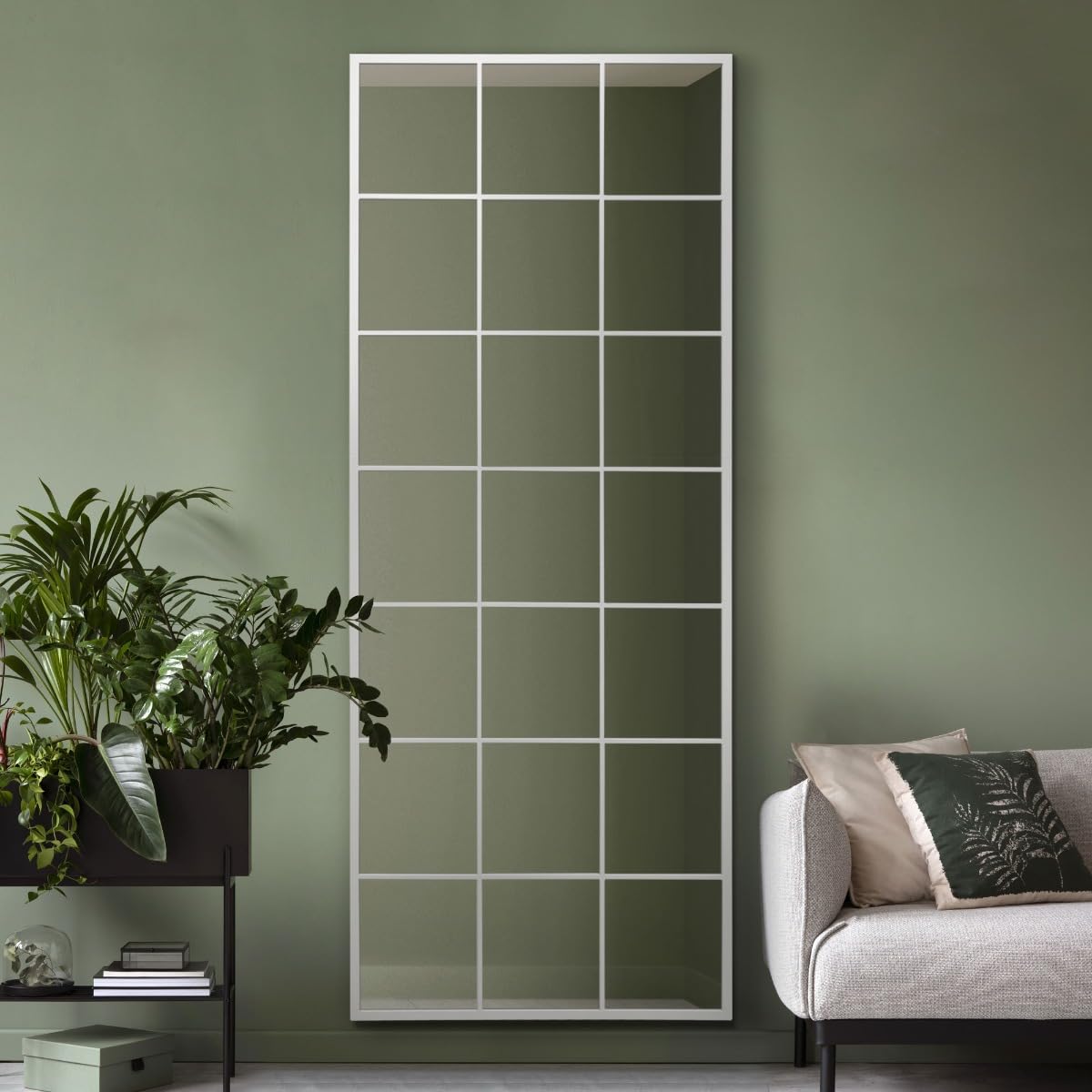 MirrorOutlet The Fenestra - White Modern Window Full Length Leaner/Wall Mirror 79" X 31" (200CM X 80CM) Silver Mirror Glass with Black Metal Frame.