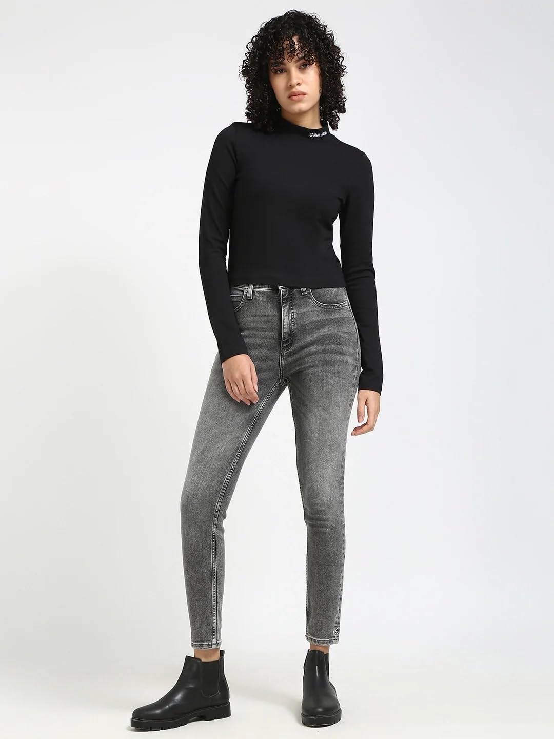 Calvin Klein Donna Maglietta Maniche Lunghe Milano Logo Elastic Top Collo a Lupetto