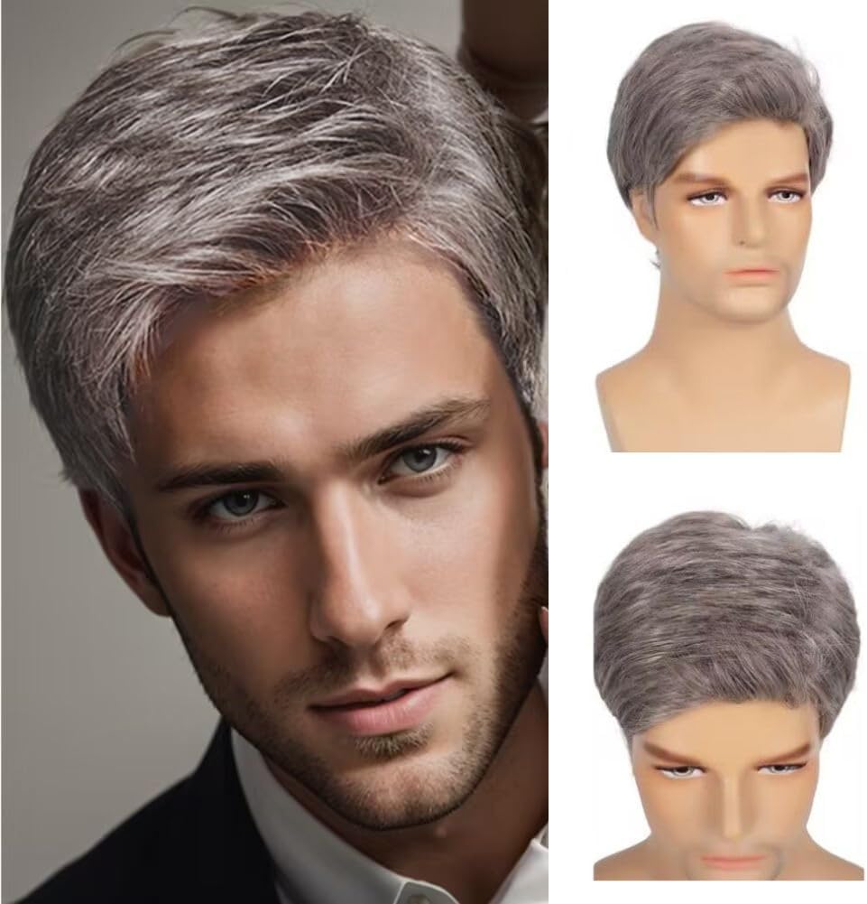 Men Wigs Short Grey Straight Natural Synthetic Cosplay Hair Wigs for Male Guy Daily Full Wig (Blonde Mix Grey)