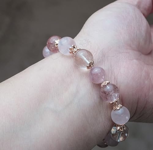 Miniatura 8 de Piedra preciosa rosa y oro rosa cuarzo rosa, cuarzo fresa, azeztulita, cuarzo rutilado pulsera hecha a mano con diseño original