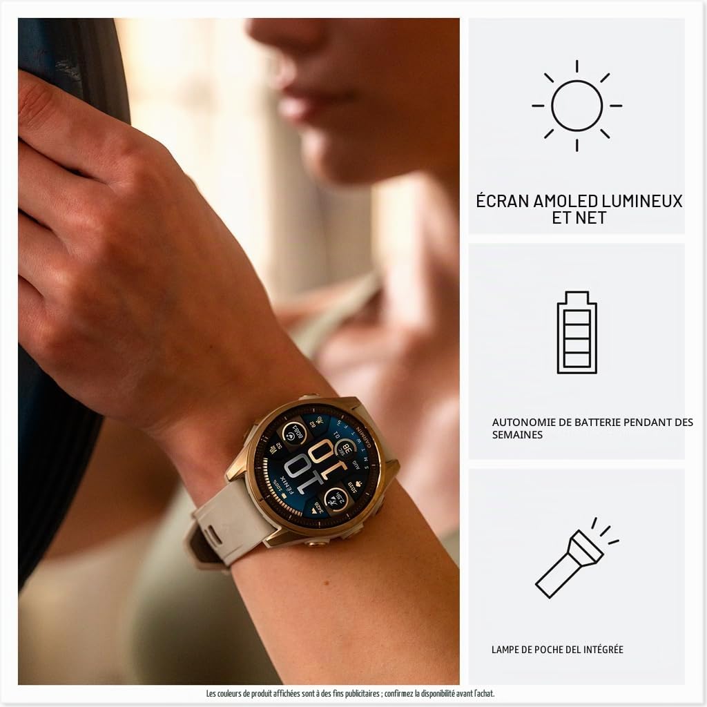 Garmin fēnix® AMOLED Montre Intelligente GPS Multisports Haut de Gamme 8-43 mm, Batterie Longue durée, Lampe de Poche LED intégrée, Couleur Saphir, Or Doux avec Bracelet en grès foncé | Lentille saphir, or doux avec bracelet en grès foncé, 10 ATM, lampe d
