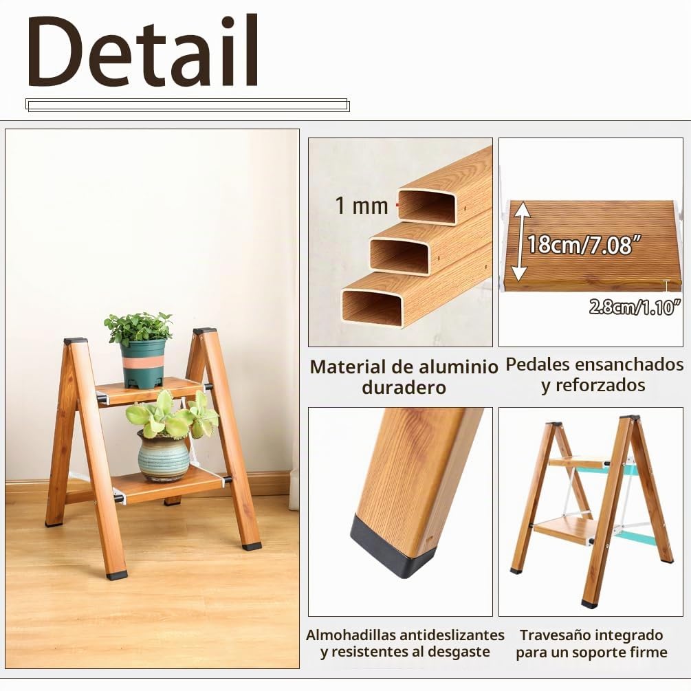 BAOYOUNI Escalera Plegable de 2 escalones, portátil, Ligera, de Aluminio, con Pedales Anchos Antideslizantes, Capacidad de 330 Libras para el hogar, Cocina, jardín, Oficina, Color Blanco + Grano de