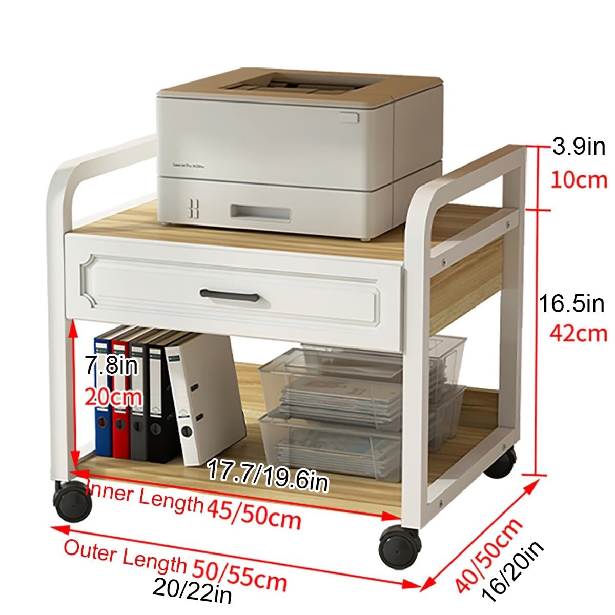 Soporte para impresora debajo del escritorio con cajón de almacenamiento, gabinete de impresora rodante con ruedas, estantes abiertos para copiadora y escáner, mesa compacta para impresora de carrito