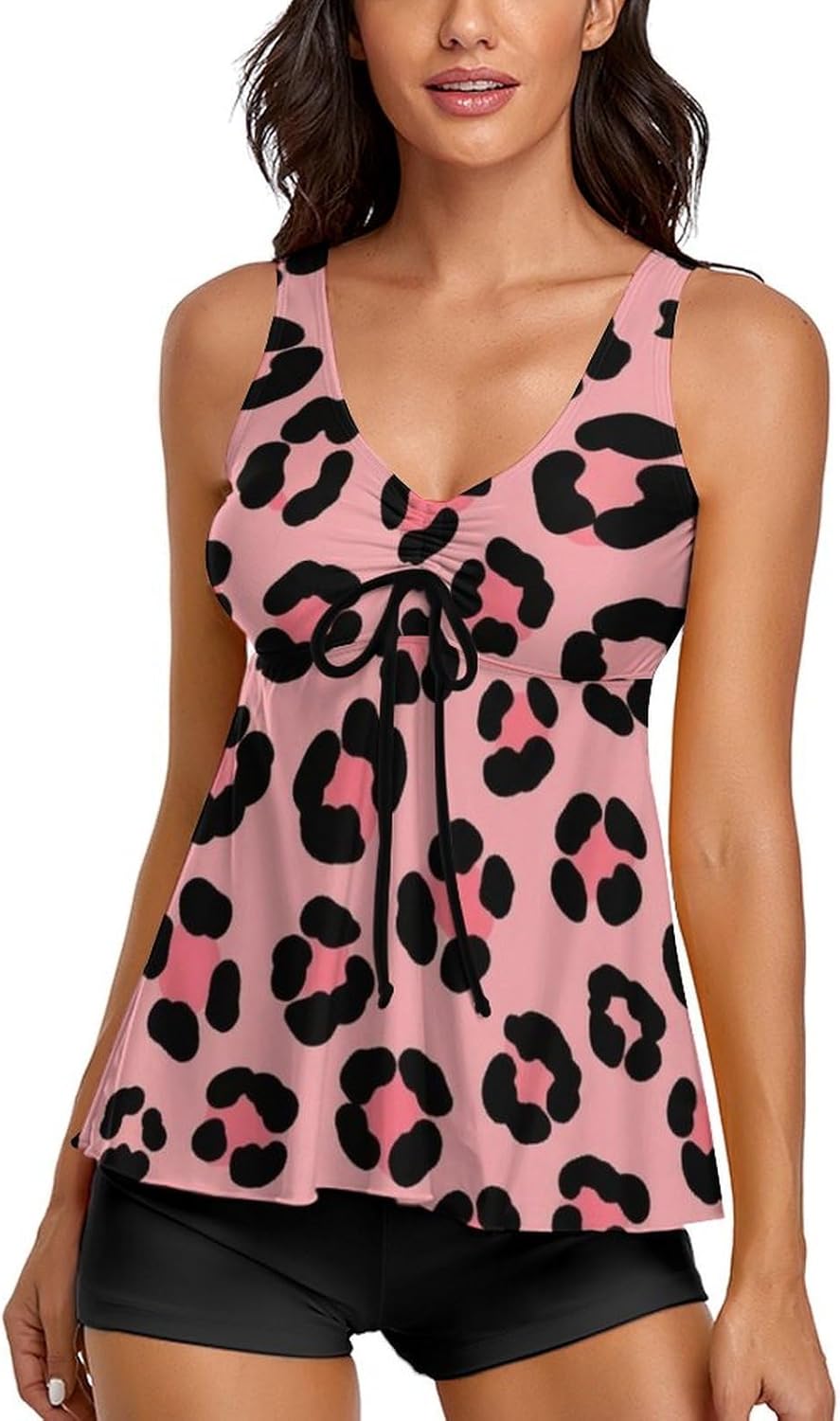 Women Two Piece Tankini Swimsuit, Stretchy Support Removable Padding Bathing Suits with Boy Shorts