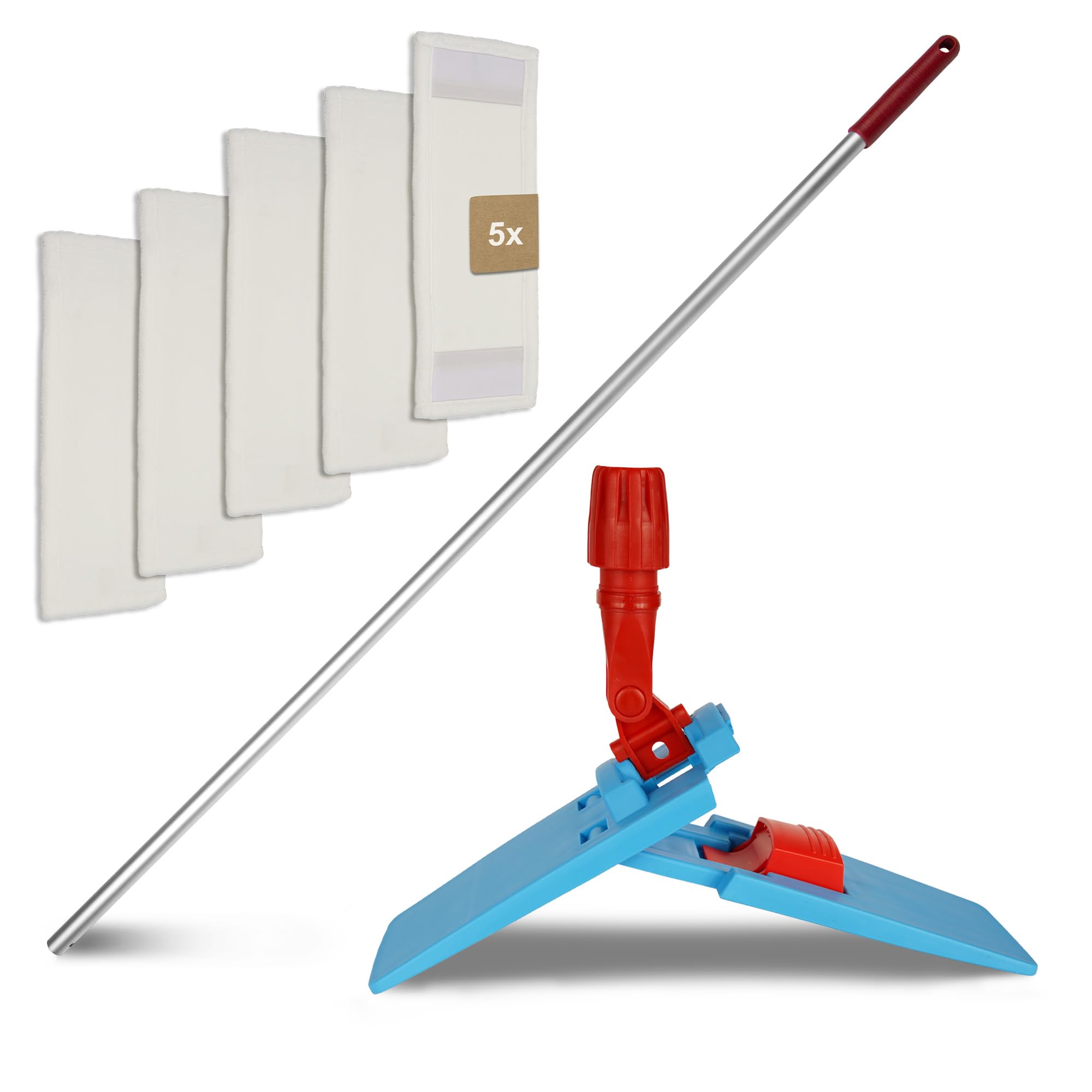 G.I.V. Bodenwischer Set Moppstange Aluminium mit Rändelhandgriff + Klapphalter mit Fußtaste & 5X Microfasermopp Bezug 50cm - Wischbezug Microfaser - Wischer Bodenreinigung - Wischmopp mit Stiel