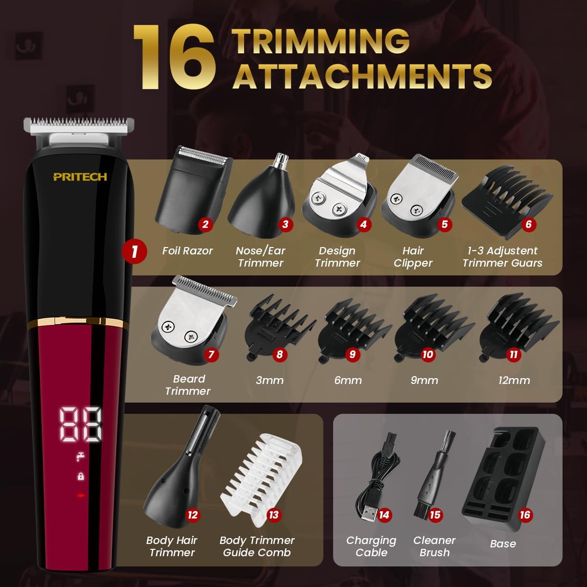 PRITECH Beard Trimmer for Men,6 in 1 Hair Clippers Kit, Precision Cordless Grooming Kit Waterproof IPX6 for Beard, Hair, Body, Nose, Ear, with Foil Razor (Red)