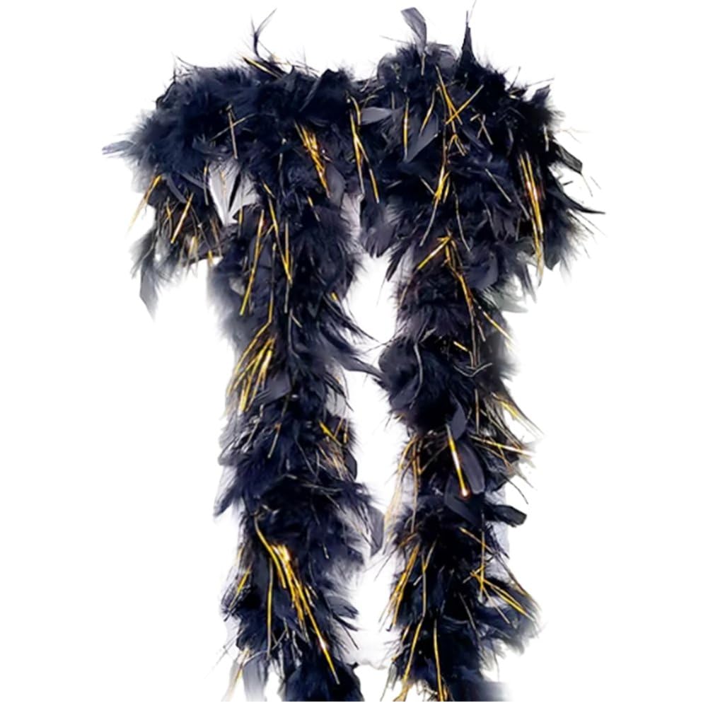 Ppmter Black With Gold Tinsel Boas Turkey Feathers Trim Fringe Feather Boa Fancy Dress Accessory For Dancing, Wedding, Party, Cosplay, Festivals