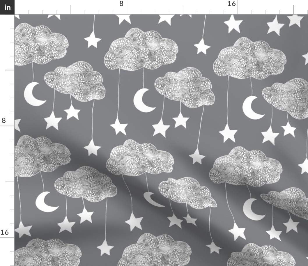 Spoonflower Fabric - Dreams Clouds Charcoal Grey Unisex Moon Star Cloud Sweet Stars Printed on Petal Signature Cotton Fabric by The Yard - Sewing Quilting Apparel Crafts Decor