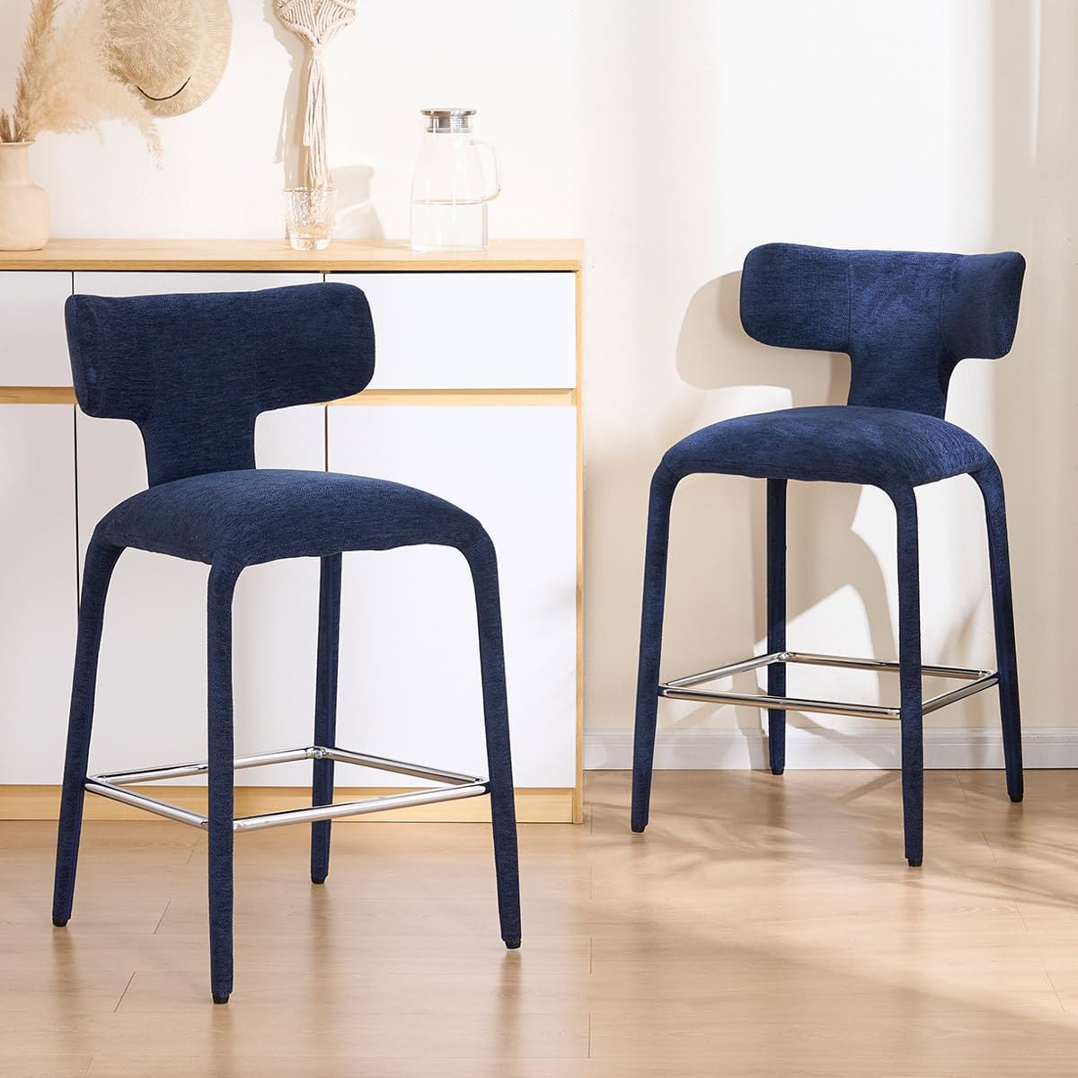 Kidol & Shellder Counter Height Bar Stools of 4,Upholstered Fabric Barstools with Metal Legs and Curved Barrel Back,Counter Stools for Kitchen Island,Blue