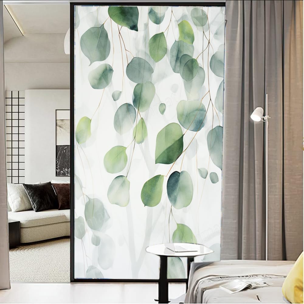 Colorful Leaves Window Privacy Film Tropical Beautiful Green Eucalyptus Stained Glass Window Film Sun Blocking Heat Control Decorative Window Covering Film for Home Office 23.6Wx35.4L inch