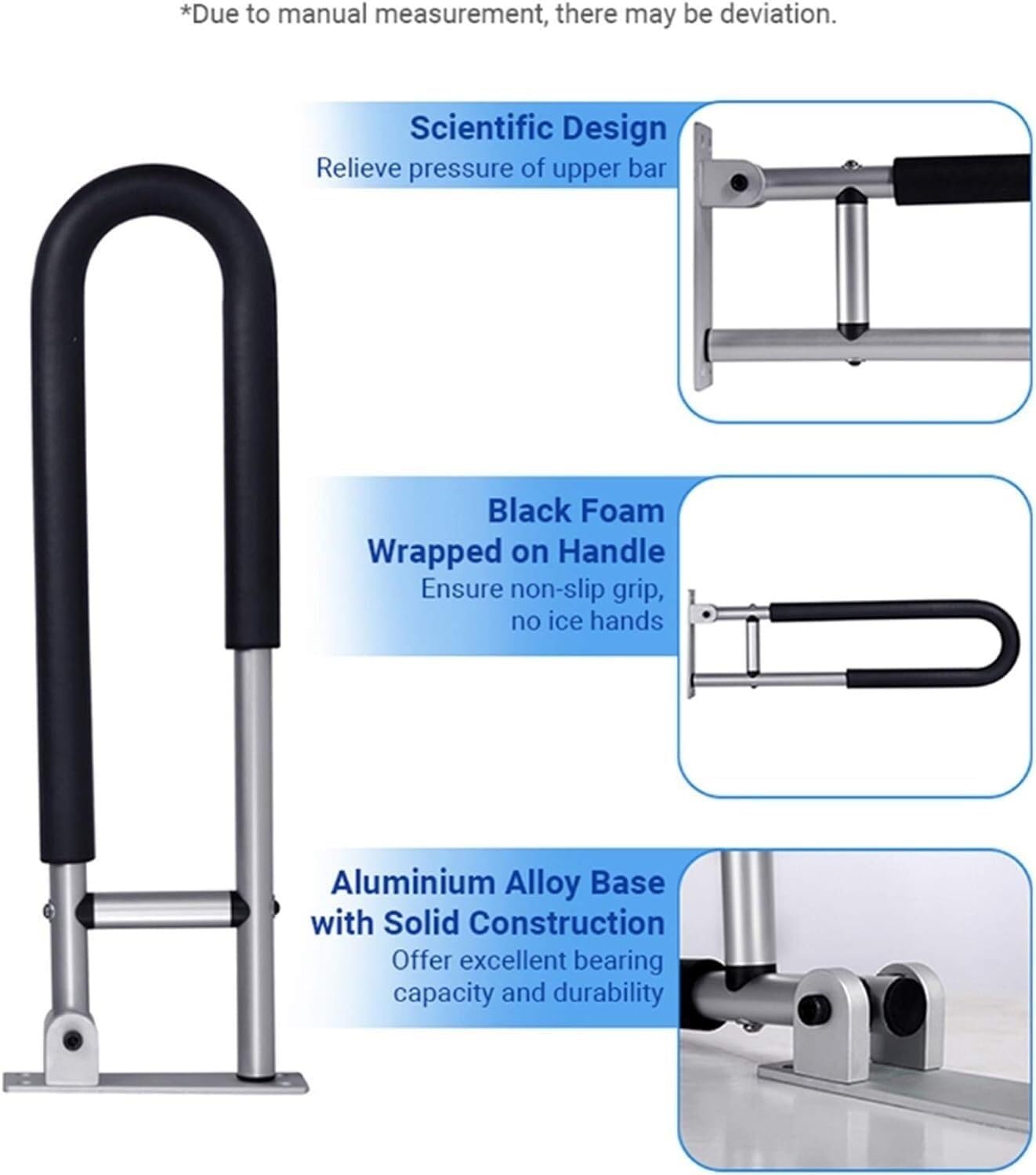 Barras de seguridad para baño para personas mayores, pasamanos abatibles para inodoro con diseño de asistencia antideslizante, barra de apoyo y barra de equilibrio para discapacitados, color negro (1