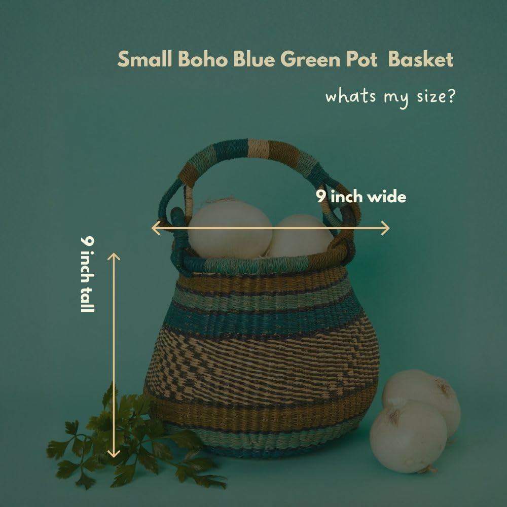 Small Blue Green Boho Pot Basket, Fruit Bowl, Kitchen Countertop Storage, Shelf Basket, Living Room Decor, Harvesting, Flower Girl Basket, Wicker, Woven - Image 2