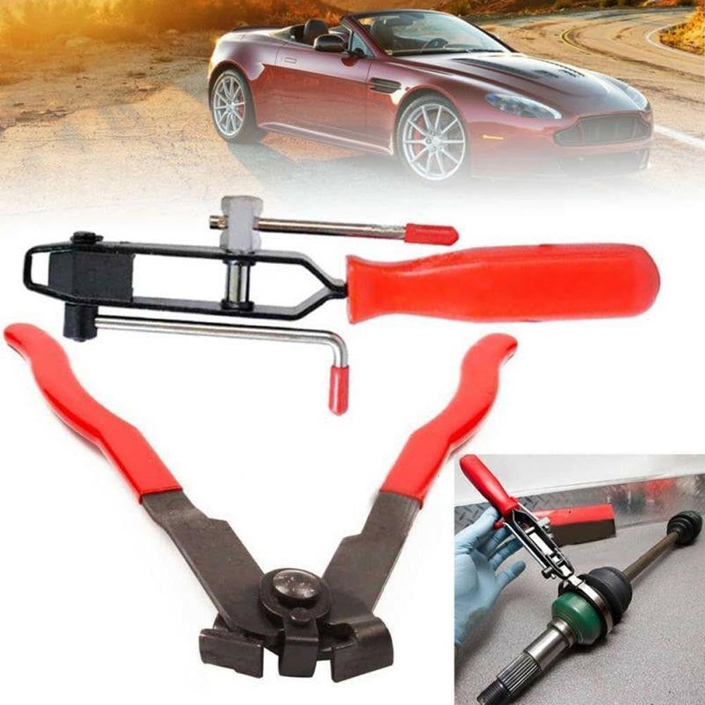 Heavy Duty Antiskid CV Joint Boot Clamp Pliers With Boot Clamps Kit, Banding Tools, Ear Boot Tie Pliers, 10 Crimp Bands, Automotive Hose Axle Plier for Most Cars (Red)