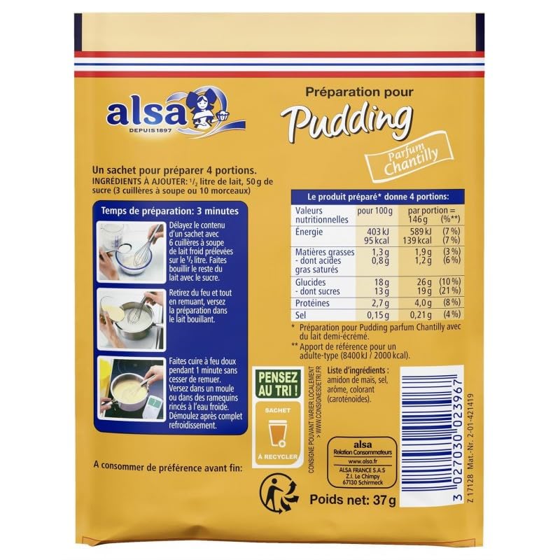 Délicieux Pudding Chantilly Alsa - 3 sachets pour desserts onctueux - Préparation gâteaux facile et rapide - 111g - Le Lot De 4