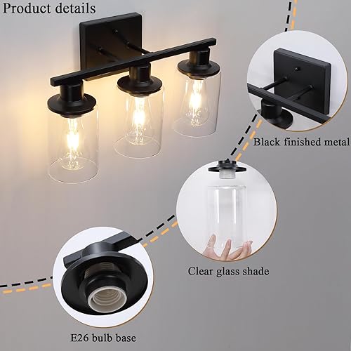 Miniatura 3 de Lámpara de baño negra mate sobre el espejo, lámpara de tocador de baño de 3 luces con pantalla de vidrio transparente, apliques de pared modernos de