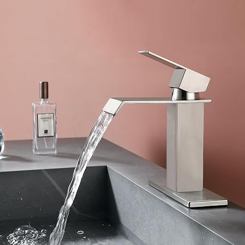 Miniatura 3 de Grifo de baño con cascada, grifo de lavabo de níquel cepillado de una sola manija con placa de cubierta para 1 o 3 agujeros