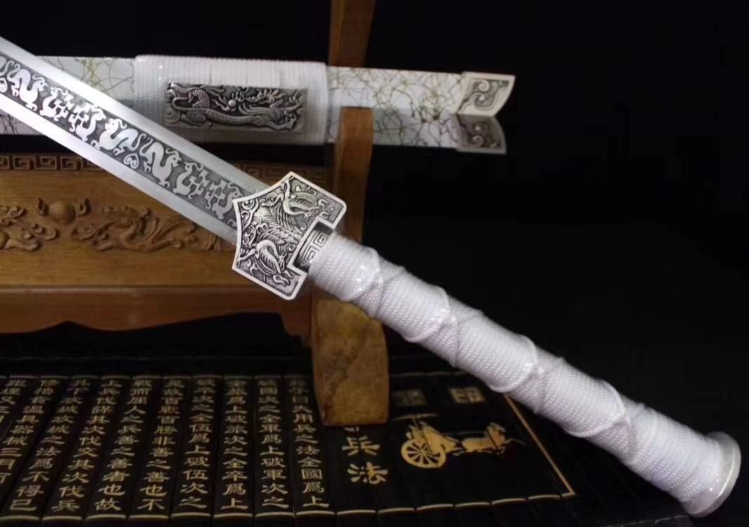 Chinese Sword,Han jian(Medium Carbon Steel Etch Blade,Alloy,White Scabbard) Length 41"