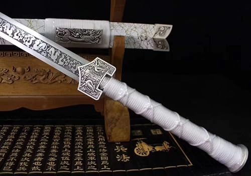 Miniatura 7 de Espada china, Han jian (hoja de acero al carbono medio, aleación, vaina blanca) longitud 41 pulgadas