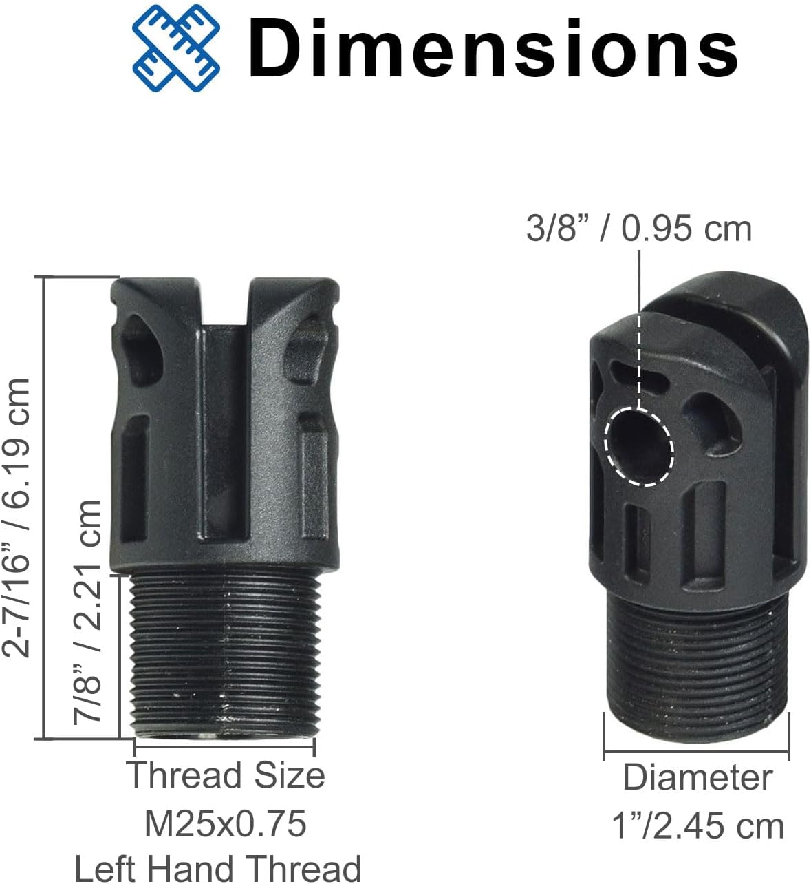 Detailed diagram showing the dimensions of the AlveyTech Motor Fork Head, including overall length, thread length, thread size, and diameter.