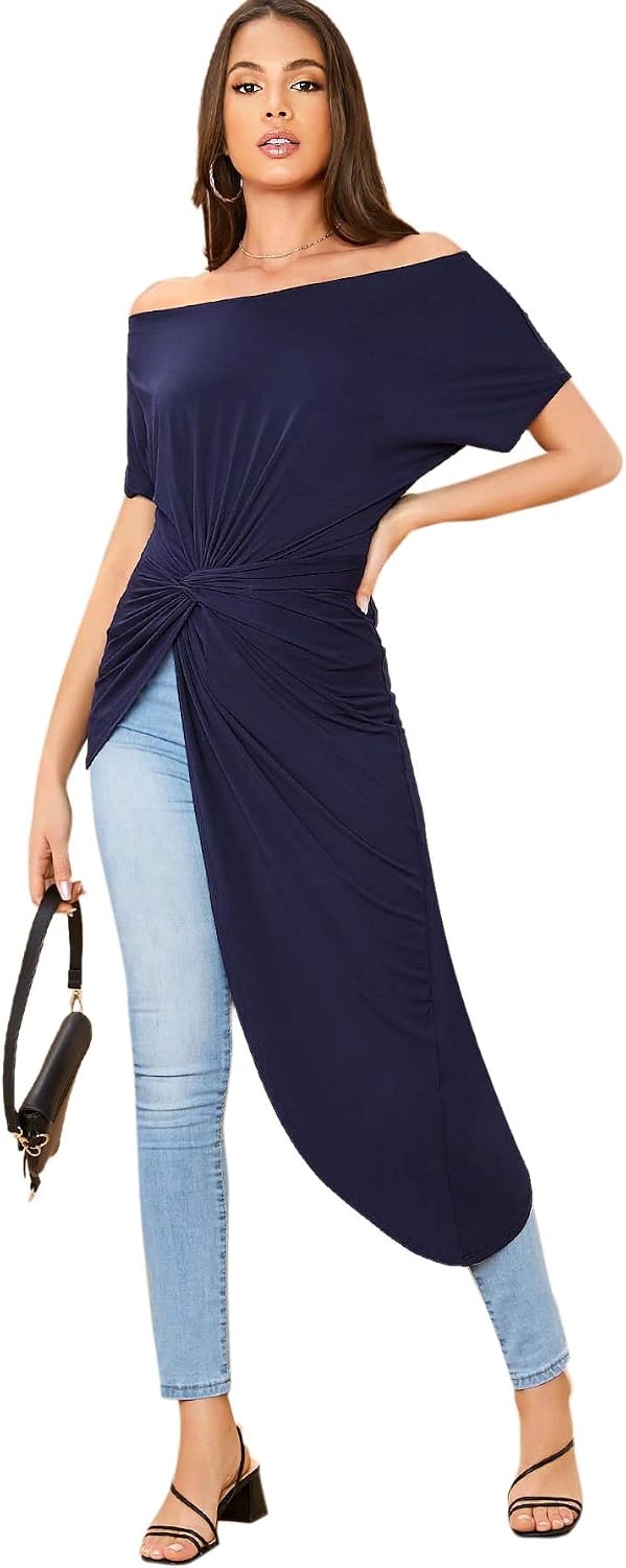 SheIn Women's Elegant Asymmetrical Twist Front Off Shoulder Top Plain High Low Blouse Navy Large