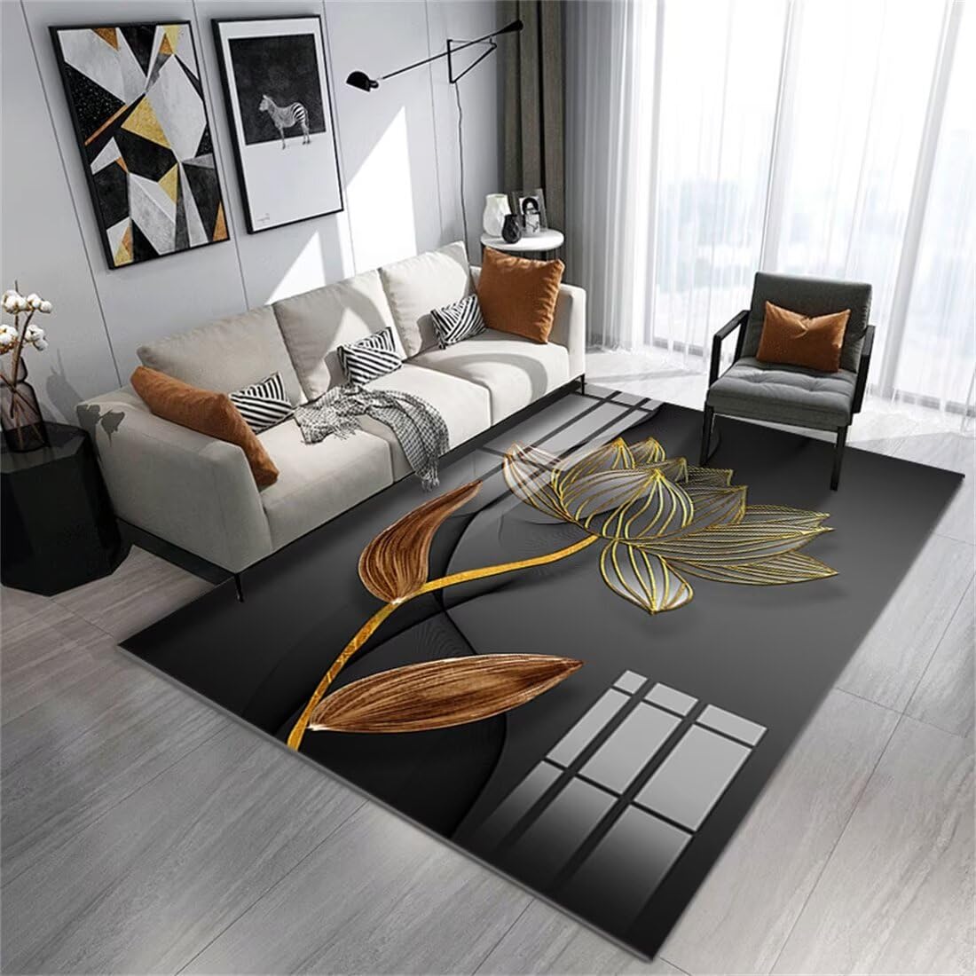 Tapis d'éveil XXL lavable gris décoration fleurs jaunes salon 80x160cm
