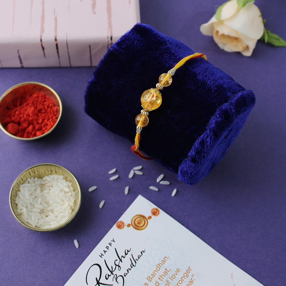 Citrine 3 Beads Rakhi for Brother | Handmade Dori Rakhis for Raksha Bandhan with Roli Chawal Bottle | Spiritual Rakshabandhan Gift for Brother | Natural Crystal Rakhi set for Brothers (Pack of 2) 4