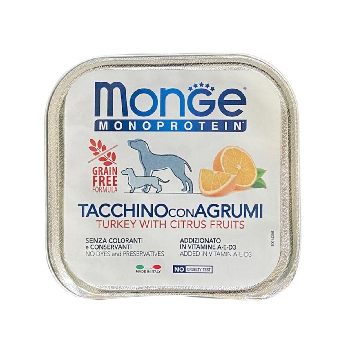 Monge Monoprotein Cibo umido per Cane solo Tacchino con Agrumi, naturalmente senza coloranti, conservanti e zuccheri aggiunti. Confezione da 24 vaschette (1 = 150gr.)