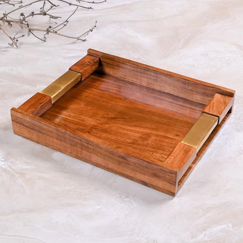 Image of Wooden Serving Tray with Stylish Handle - 15 Inch Rectangular Wooden Tray for Coffee Table, Kitchen, Breakfast & Home Decor | Multipurpose Organizer & Gift (Brass Inlay Corner Accents)