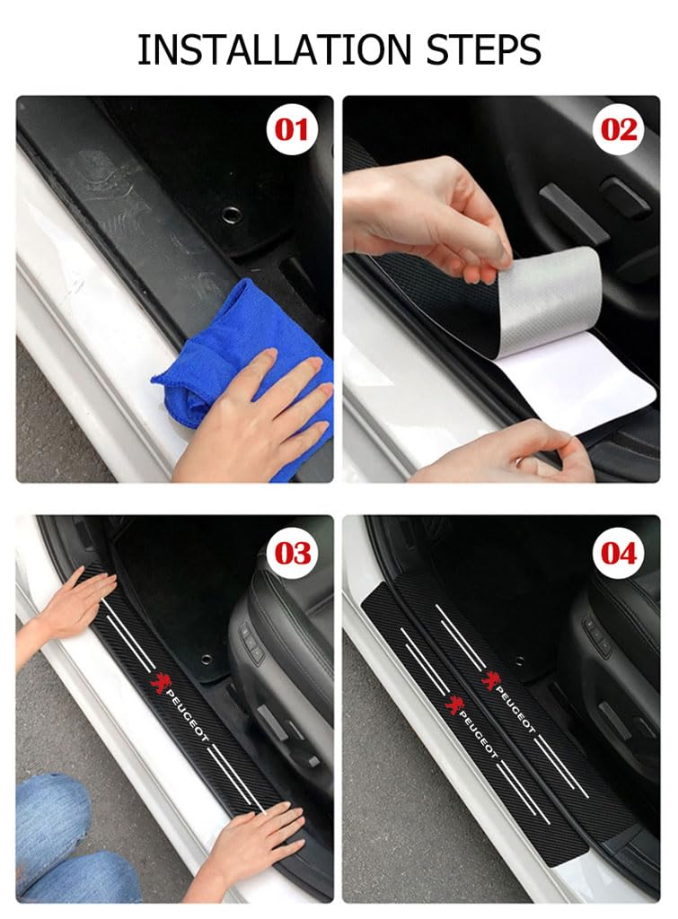 4 Pezzi Battitacco Adesivi Soglie Porte per Peugeot 208 2008 207 301 308 408 4008 508 5008 Rifter, Adesivo per Battitacco in Fibra di Carbonio Protezioni per Davanzali per Porte Automobile A