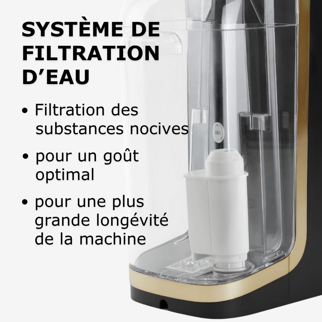 Machine à thé BRU pour thé en vrac & herbes & sachets de thé, SANS capsules, distributeur d'eau chaude & machine à thé, système de nettoyage automatique (Noir/Chrome)