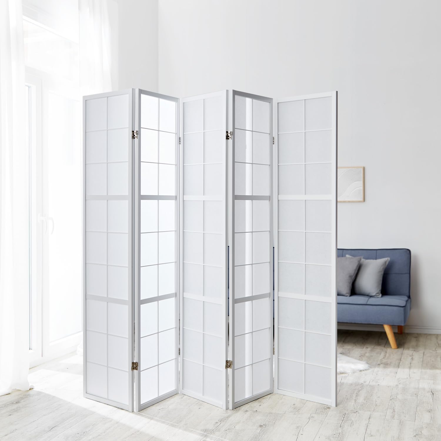 Homestyle4u 5 pan Diviseur de pièce écran Pliant - Bois partition Shoji en Papier de Riz Blanc Blanc