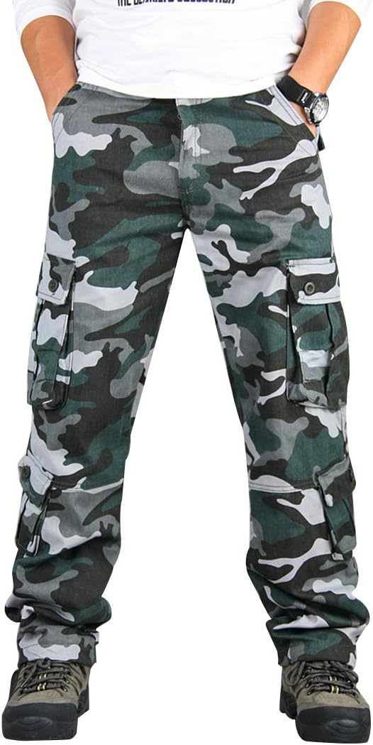 iCKERMens Relaxed-Fit Cargo Pants Multi Pocket Military Camo Combat Work Pants