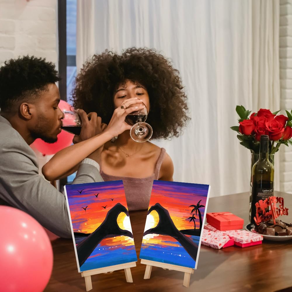 VOCHIC Sip and Paint Kit,Pre Drawn Canvas Couples Paint Party Kit Painting Art Set for Adults Date Night Sunset Heart 2 Pack (8 x 10 Inches)