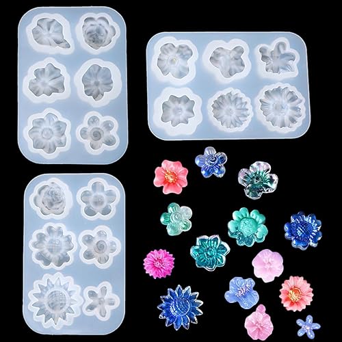 FineInno 3 moldes de resina de flores, moldes de silicona de girasol 3D, moldes de fundición de cristal de margarita, joyería de artesanía epoxi de