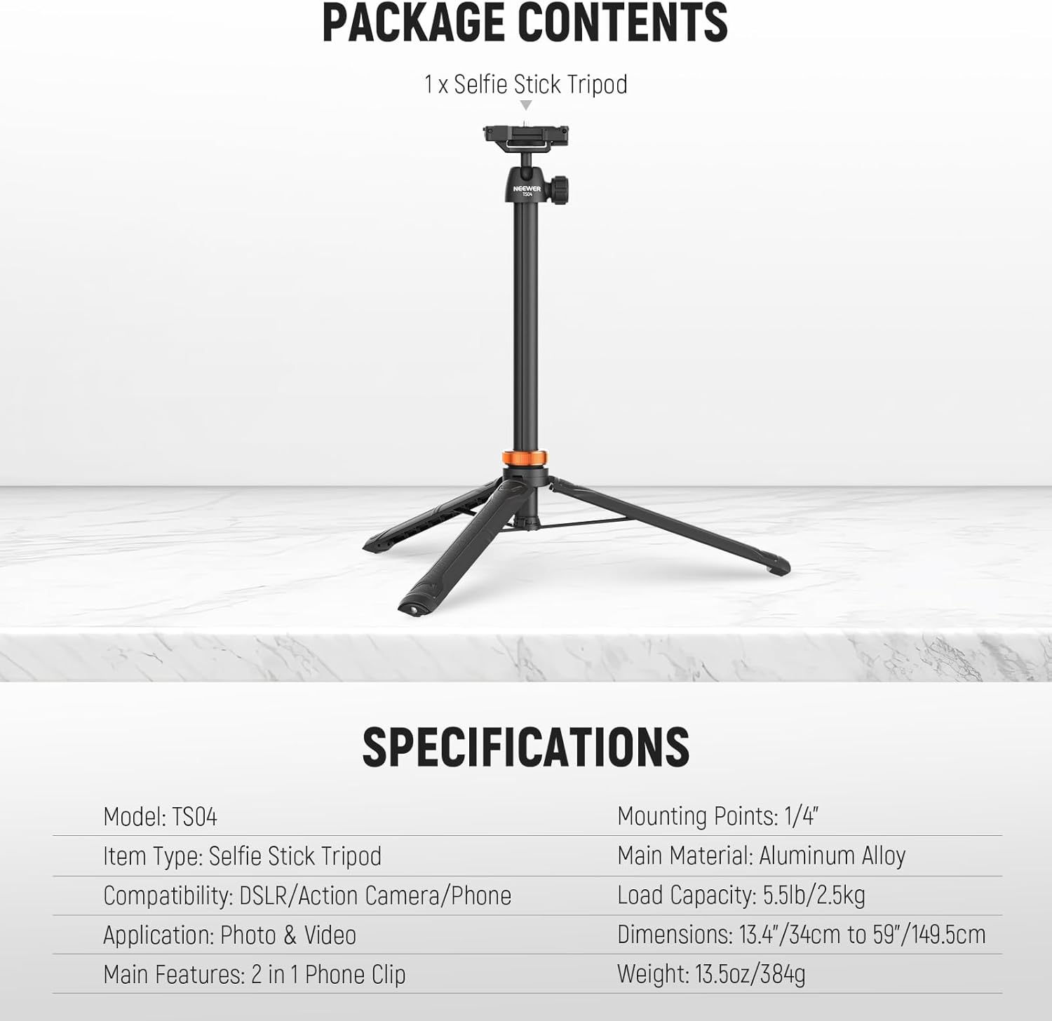 NEEWER Basics 59" Selfie Stick Tripod Compatible with iPhone DLSR Canon Sony Camera, Small Metal Portable Travel Desk Stand for Video Recording Filming, TS04