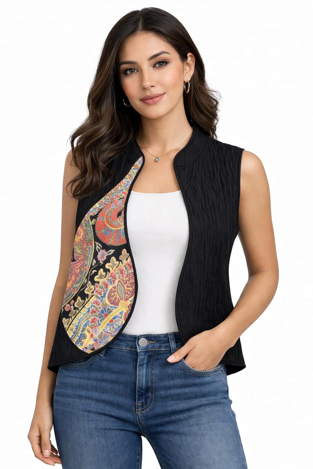 Womens Black Jacquard Vest with Persian Termeh Accent Handmade Elegant Waistcoat Boho Chic Style - FREE SIZE S