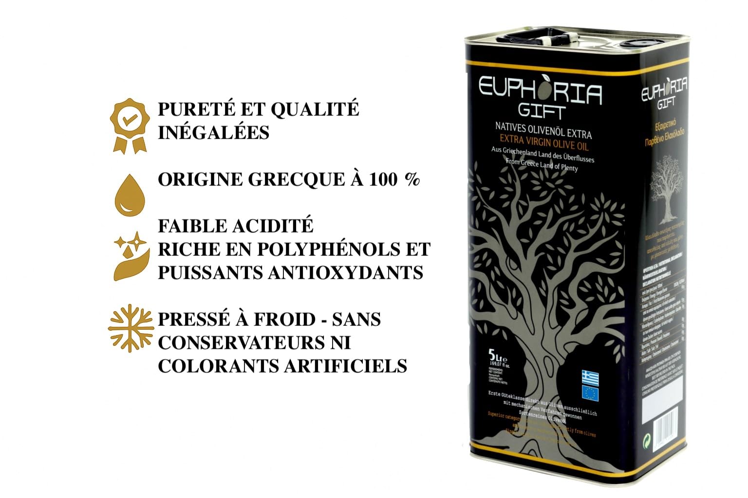 Euphoria Gift - Huile d'olive de qualité premium | Extra vierge de Grèce | Pressée à froid |Nouvelle Récolte 2025-2026|Première classe|Olives cueillies à la main|Bidon de 5 litres