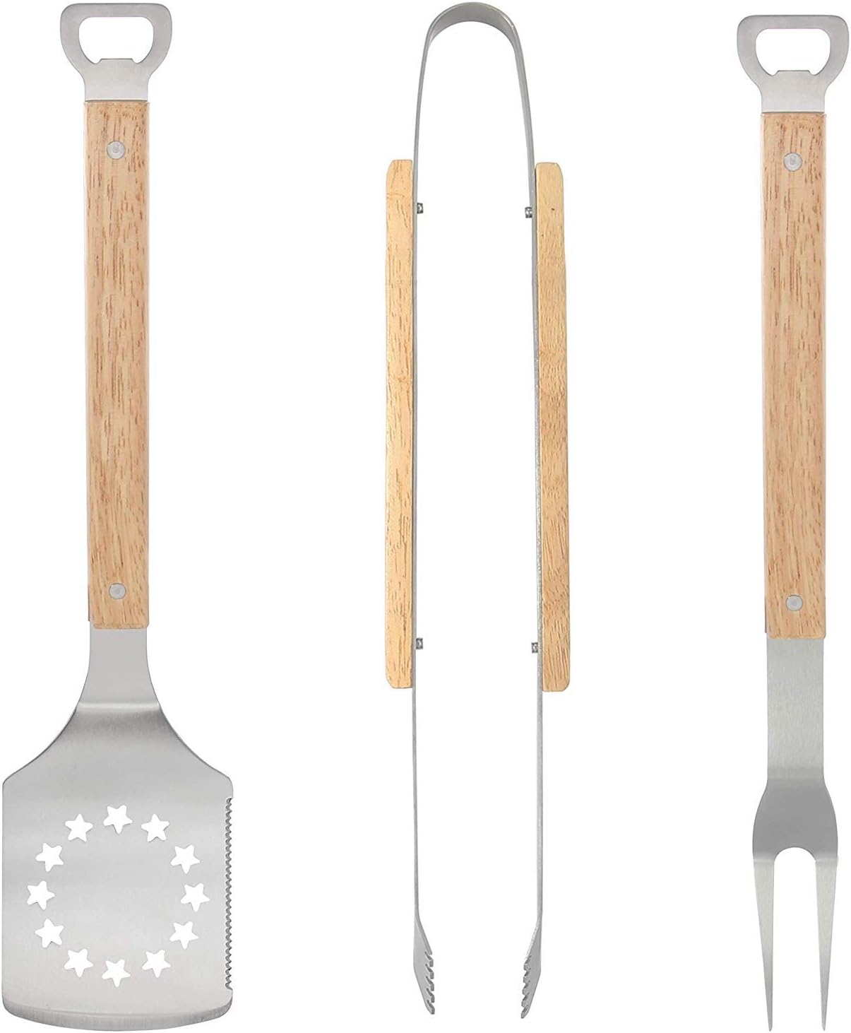 Grilljoy 3pc Heavy Duty BBQ BBQ Tools Set - Extra Thick Stainless Steel Spatula Fork Tongs for Barbecue & Outdoor - Perfect BBQ Tools for any camping lovers on Christmas