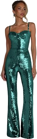 Sequin Jumpsuit for Women Spaghetti Straps One Piece Rompers