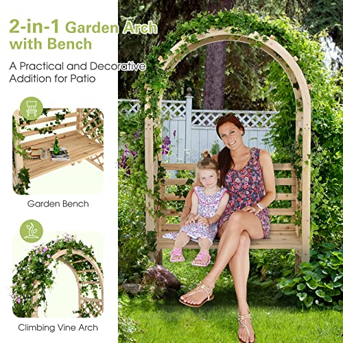 Moccha Wooden Garden Arch with Bench, 81.5 Inch Outdoor Pergola for Climbing Plants Flowers Vines, 2-Person Fir Wood Garden Arbor Trellis Wedding Arches for Backyard Party Decoration Ceremony