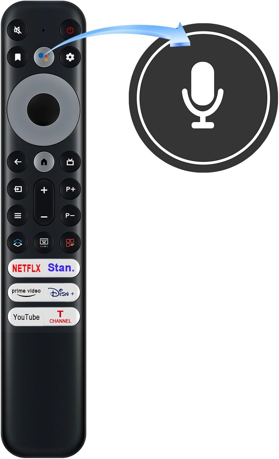 Front view of AIDITIYMI RC902V voice remote control with an arrow pointing to the voice control button.