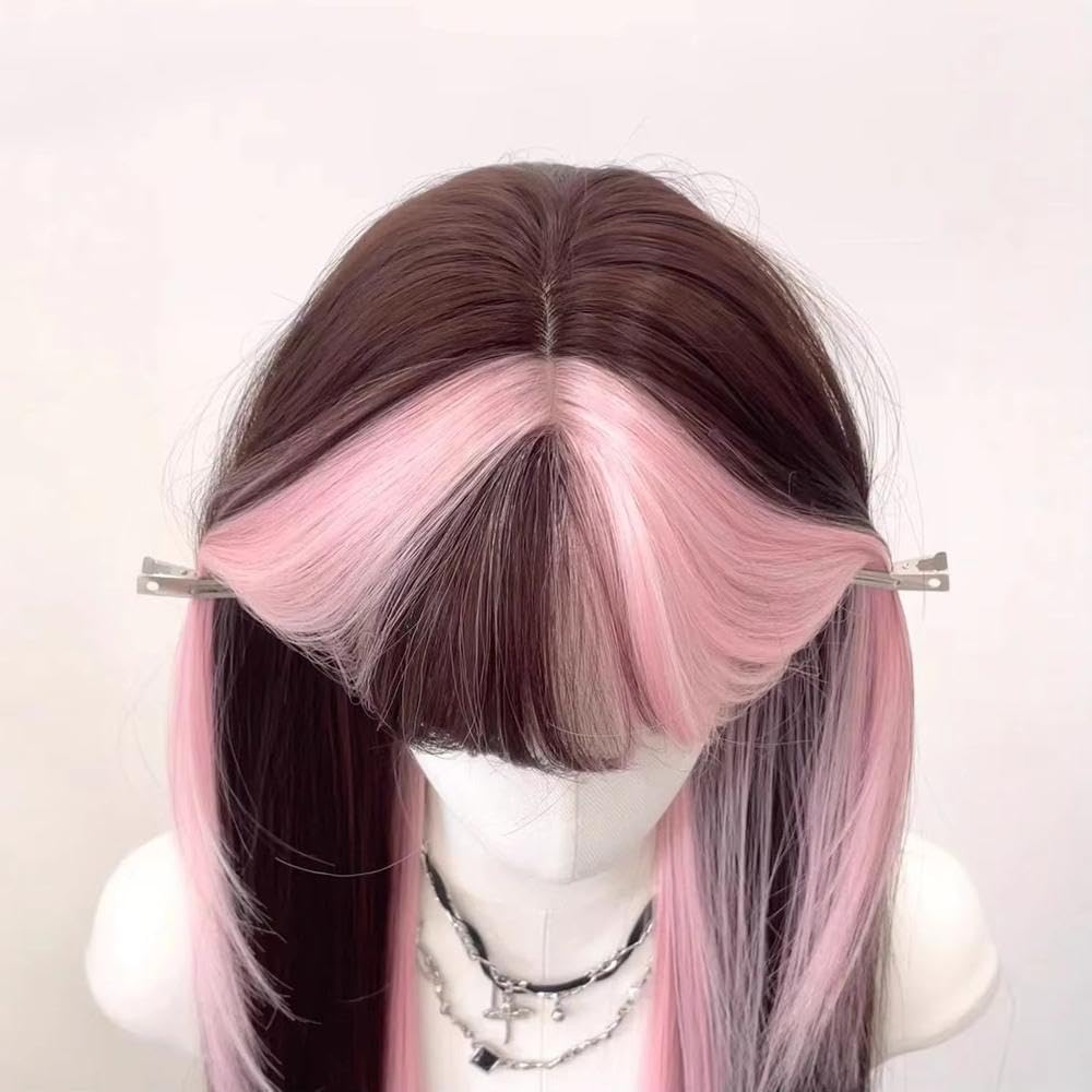 Haarpflege Ombre Rosa Braune Perücke Für Frauen Süße Perücke Mit Pony Hochtemperaturfaser-Perücken Stirnband-Perücken Für Cosplay