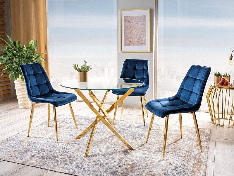 Table à Manger Ronde en Verre Trempé Et 4 Pieds en Métal Doré - D 90 X H 75 Cm